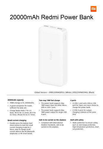 Xiaomi Redmi 20000mAh Power bank 18W Fast charge